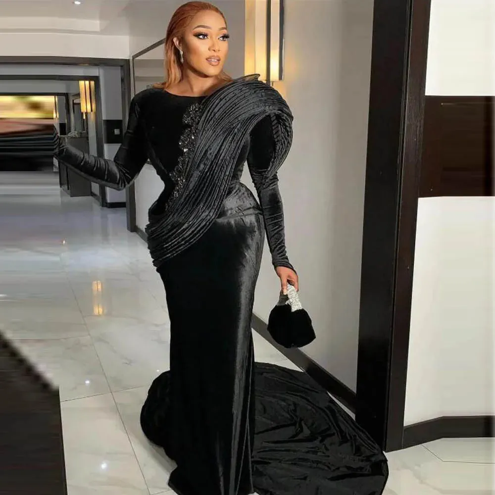 Vevesc African Women Black Evening Dresses Long Sleevs Appliques Sequins Pleats  Long Velvet Prom Dress Aso Ebi Women Party Gowns