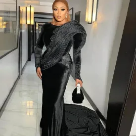 Vevesc African Women Black Evening Dresses Long Sleevs Appliques Sequins Pleats  Long Velvet Prom Dress Aso Ebi Women Party Gowns