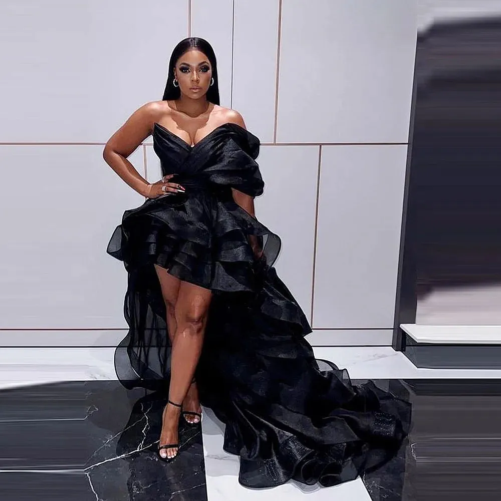 Vevesc Black Tiered Prom Dresses One Shoulder High Low Party Eveing Dress For Black Girls African Birthday Gowns