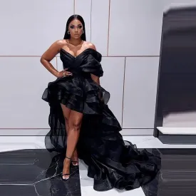 Vevesc Black Tiered Prom Dresses One Shoulder High Low Party Eveing Dress For Black Girls African Birthday Gowns