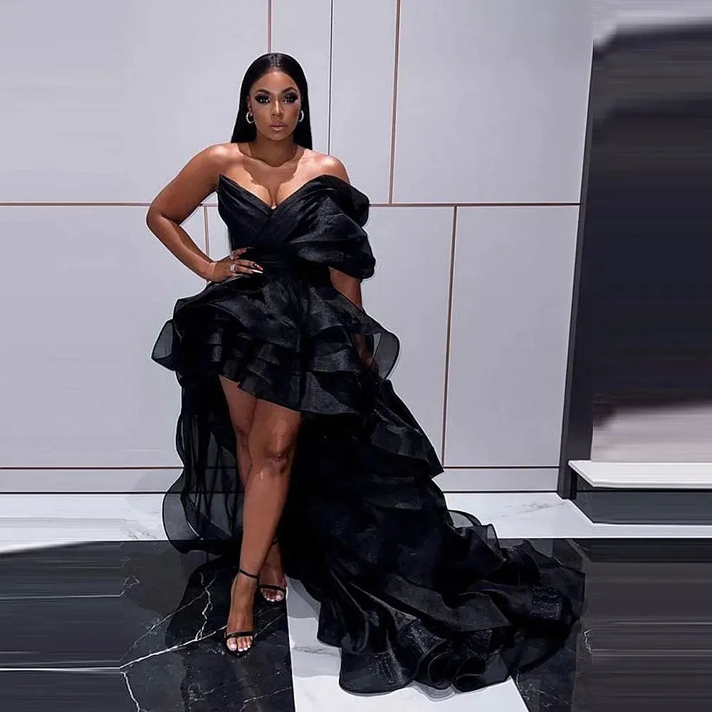 Vevesc Black Tiered Prom Dresses One Shoulder High Low Party Eveing Dress For Black Girls African Birthday Gowns