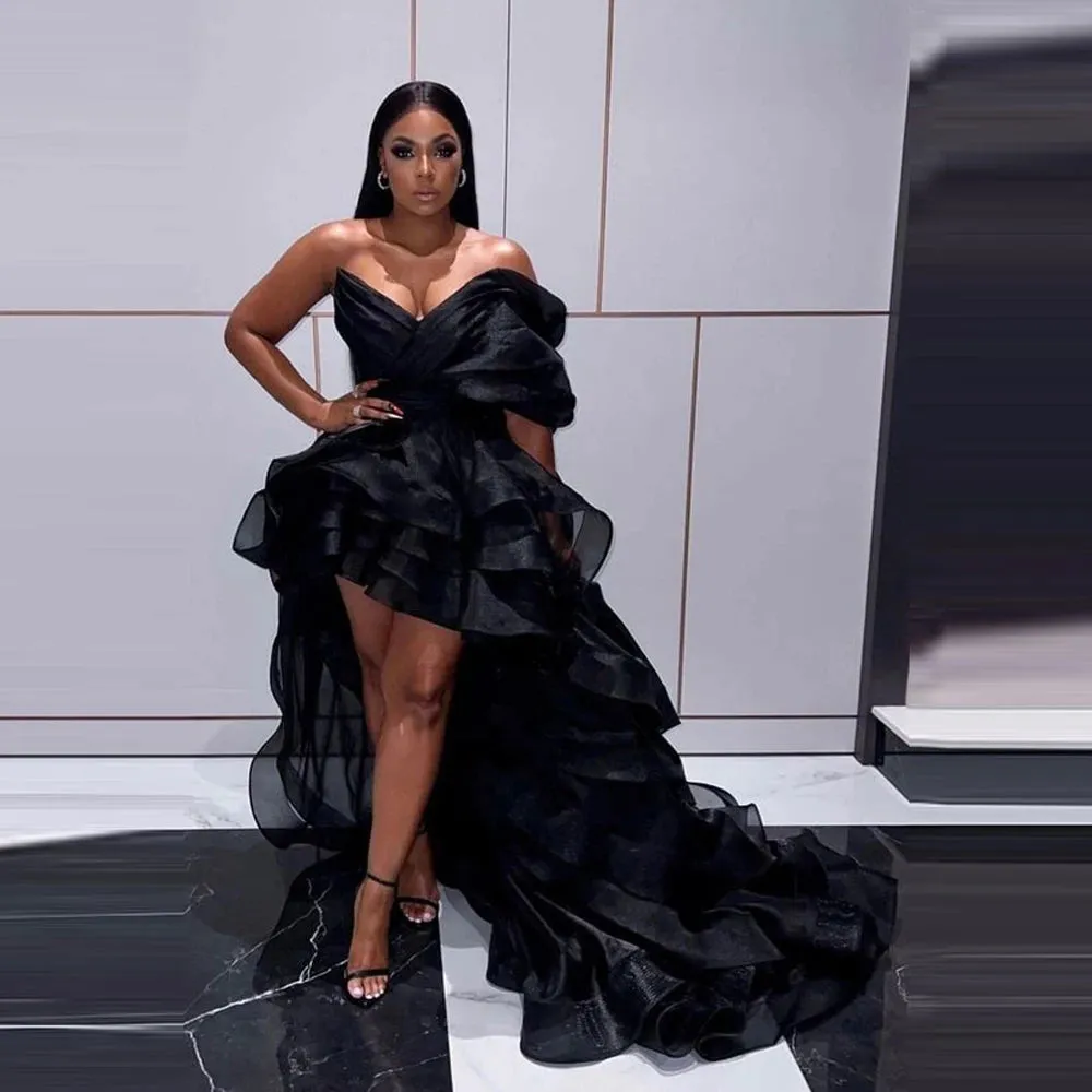 Vevesc Black Tiered Prom Dresses One Shoulder High Low Party Eveing Dress For Black Girls African Birthday Gowns