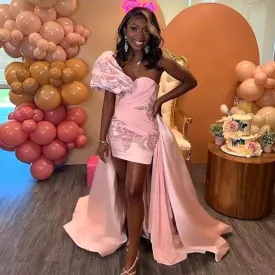 Vevesc One Shoulder Pink Prom Dresses With Beaded  High Low Short Birthday Dress Pleats Formal Girls Evening Party Gowns