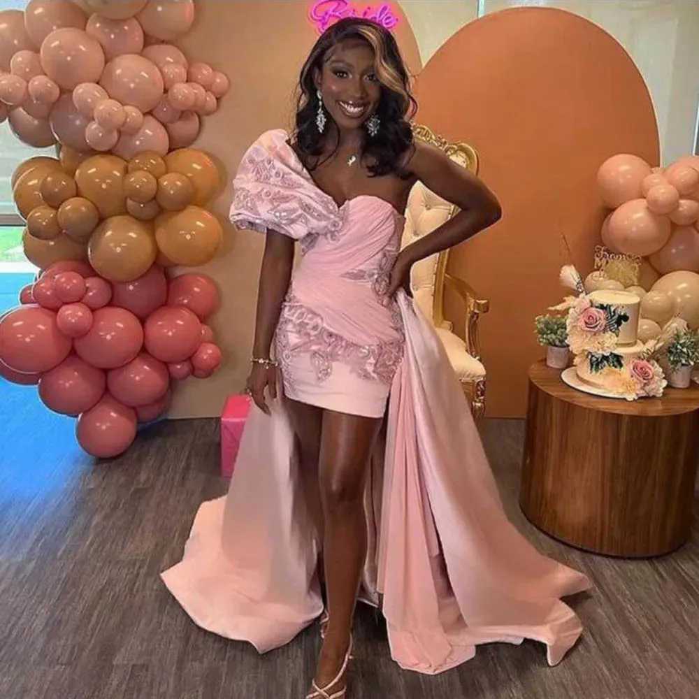 Vevesc One Shoulder Pink Prom Dresses With Beaded  High Low Short Birthday Dress Pleats Formal Girls Evening Party Gowns