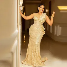 Vevesc Sequined Mermaid Prom Dresses Sheer Neckline Flowers Appliques Aso Ebi Evening Dress Lace Up Back Plus Size Gowns