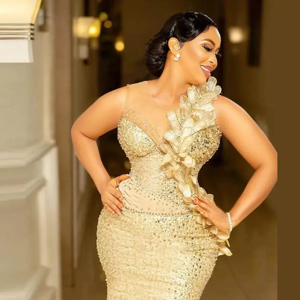 Vevesc Sequined Mermaid Prom Dresses Sheer Neckline Flowers Appliques Aso Ebi Evening Dress Lace Up Back Plus Size Gowns