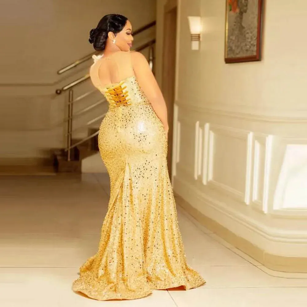 Vevesc Sequined Mermaid Prom Dresses Sheer Neckline Flowers Appliques Aso Ebi Evening Dress Lace Up Back Plus Size Gowns