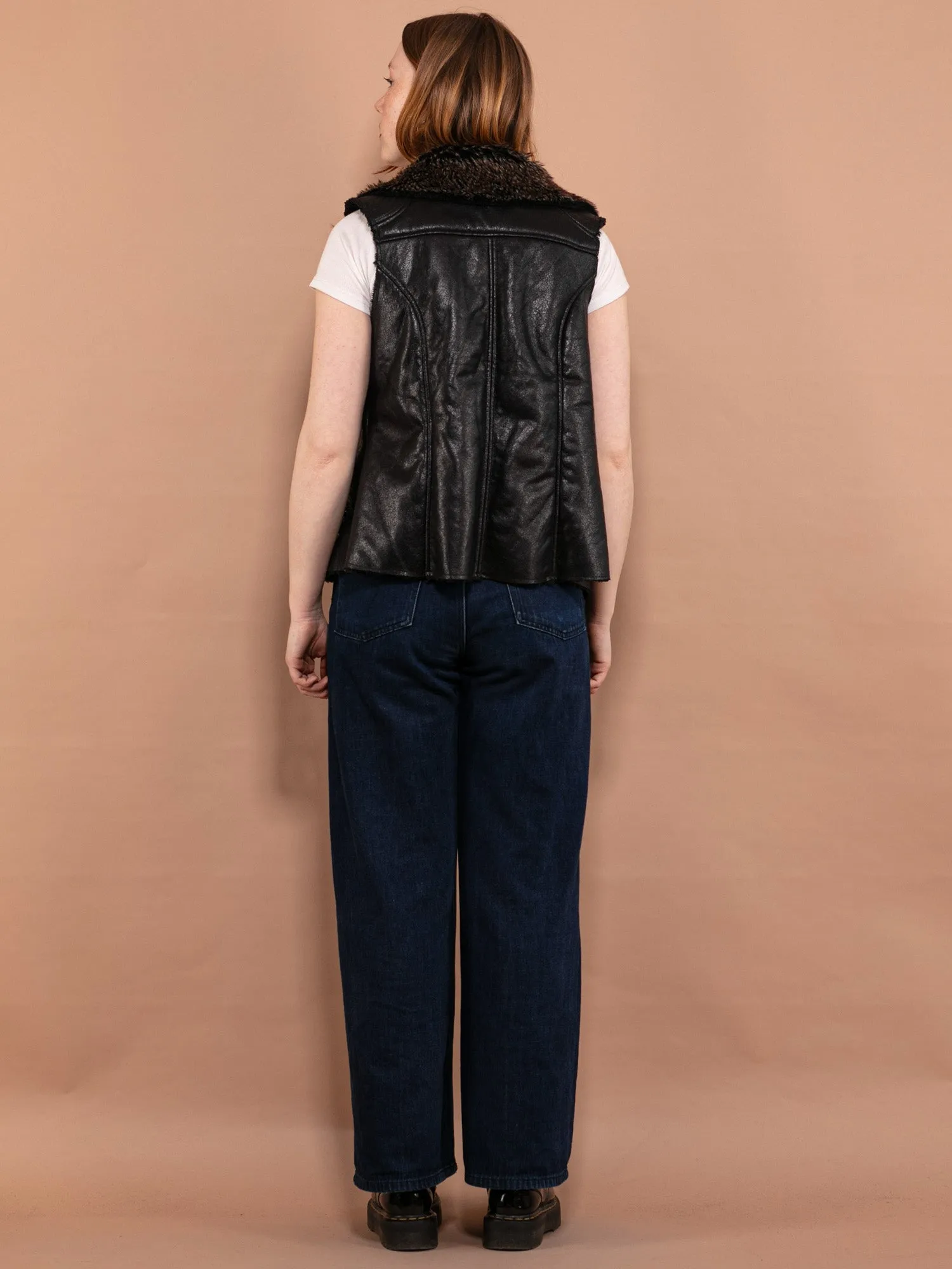 Vintage 00's Women Faux Leather Sherpa Vest in Black