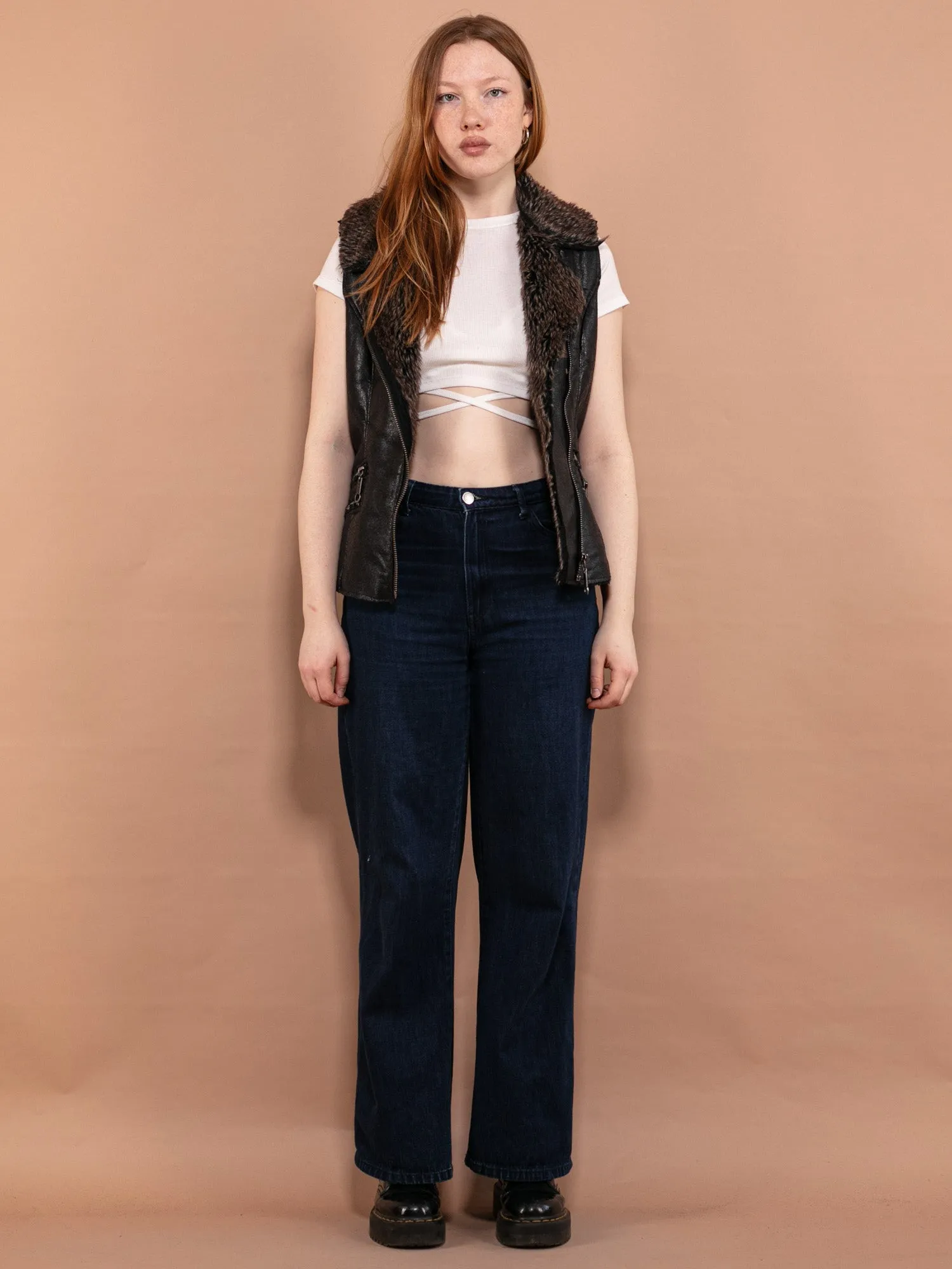 Vintage 00's Women Faux Leather Sherpa Vest in Black