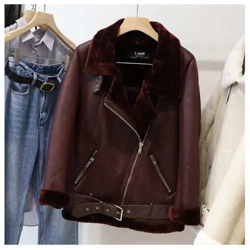 Winter Women's Faux Sheepskin Leather Jacket Aviator Style with Fur Lining
