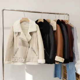 Winter Women's Faux Sheepskin Leather Jacket Aviator Style with Fur Lining