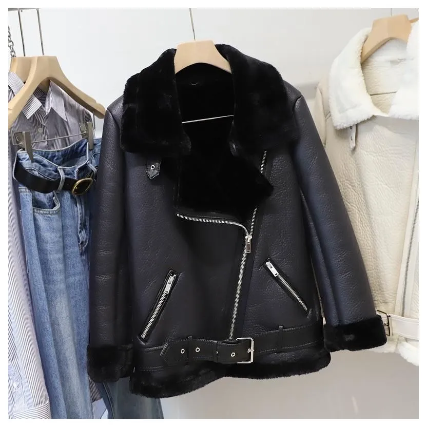 Winter Women's Faux Sheepskin Leather Jacket Aviator Style with Fur Lining