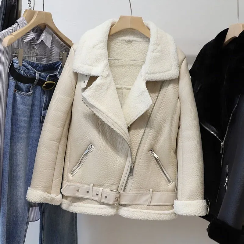 Winter Women's Faux Sheepskin Leather Jacket Aviator Style with Fur Lining