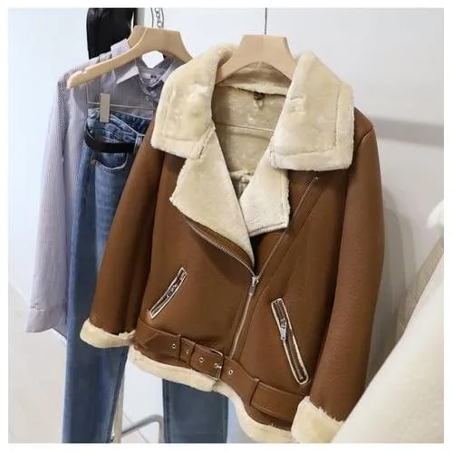 Winter Women's Faux Sheepskin Leather Jacket Aviator Style with Fur Lining