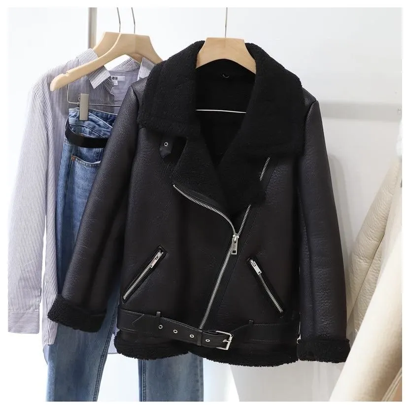 Winter Women's Faux Sheepskin Leather Jacket Aviator Style with Fur Lining