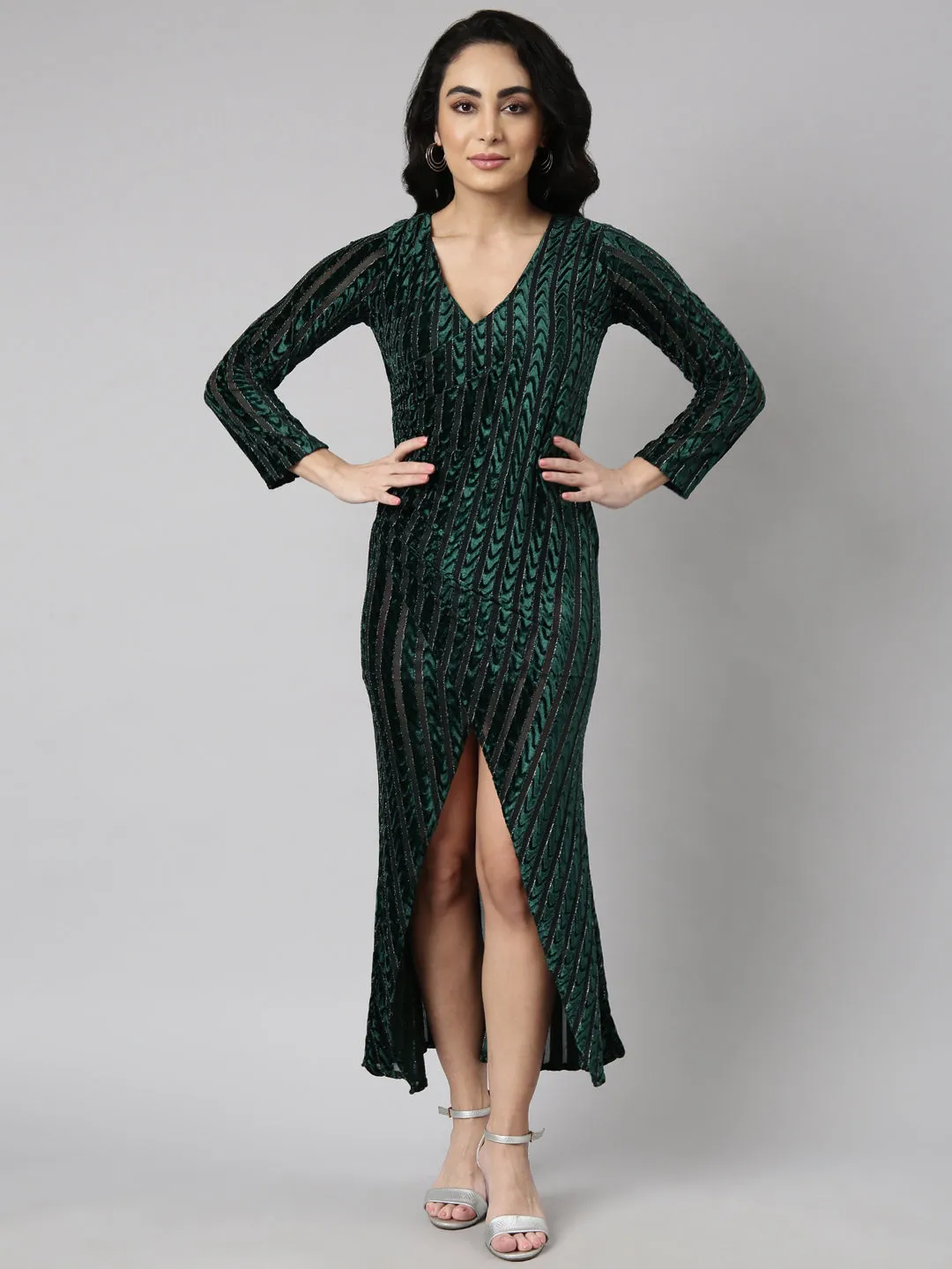 Women Green Striped Wrap Dress