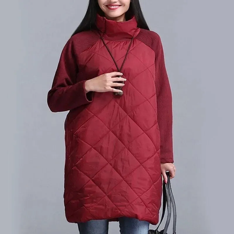 Women Jacket Coat,Warm Winter Parkas,Patchwork Ropa Mujer Turtleneck Cotton Vestidos Cotton Padded J