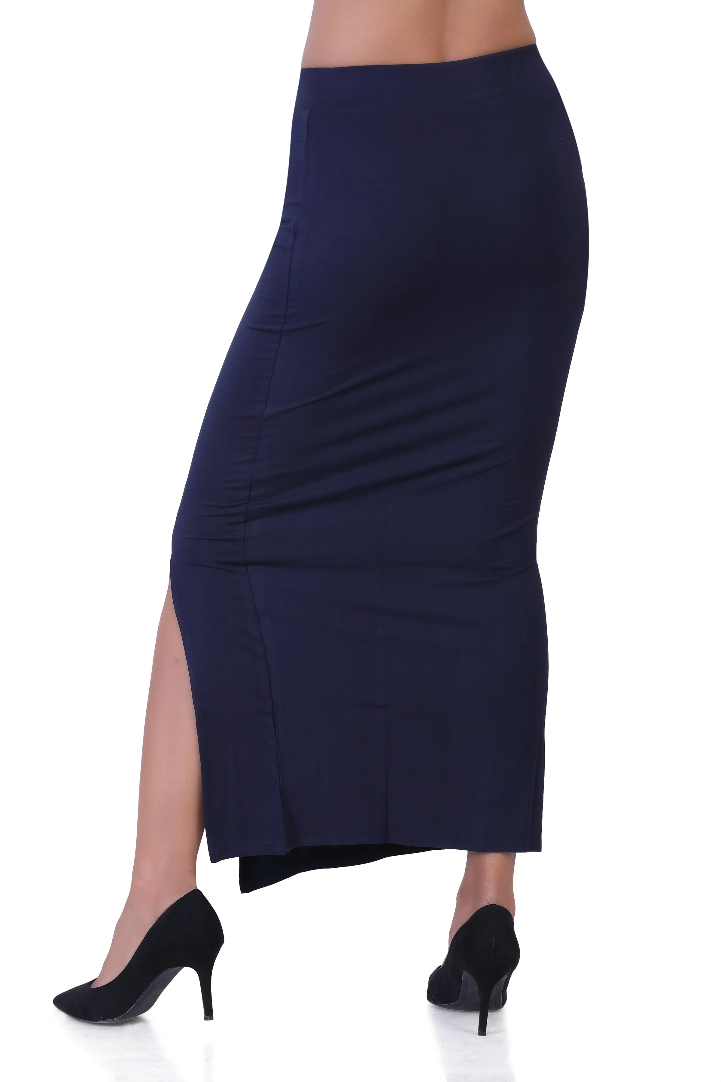WOMEN'S SOLID MID-CALF PENCIL SKIRT WITH SIDE SLIT