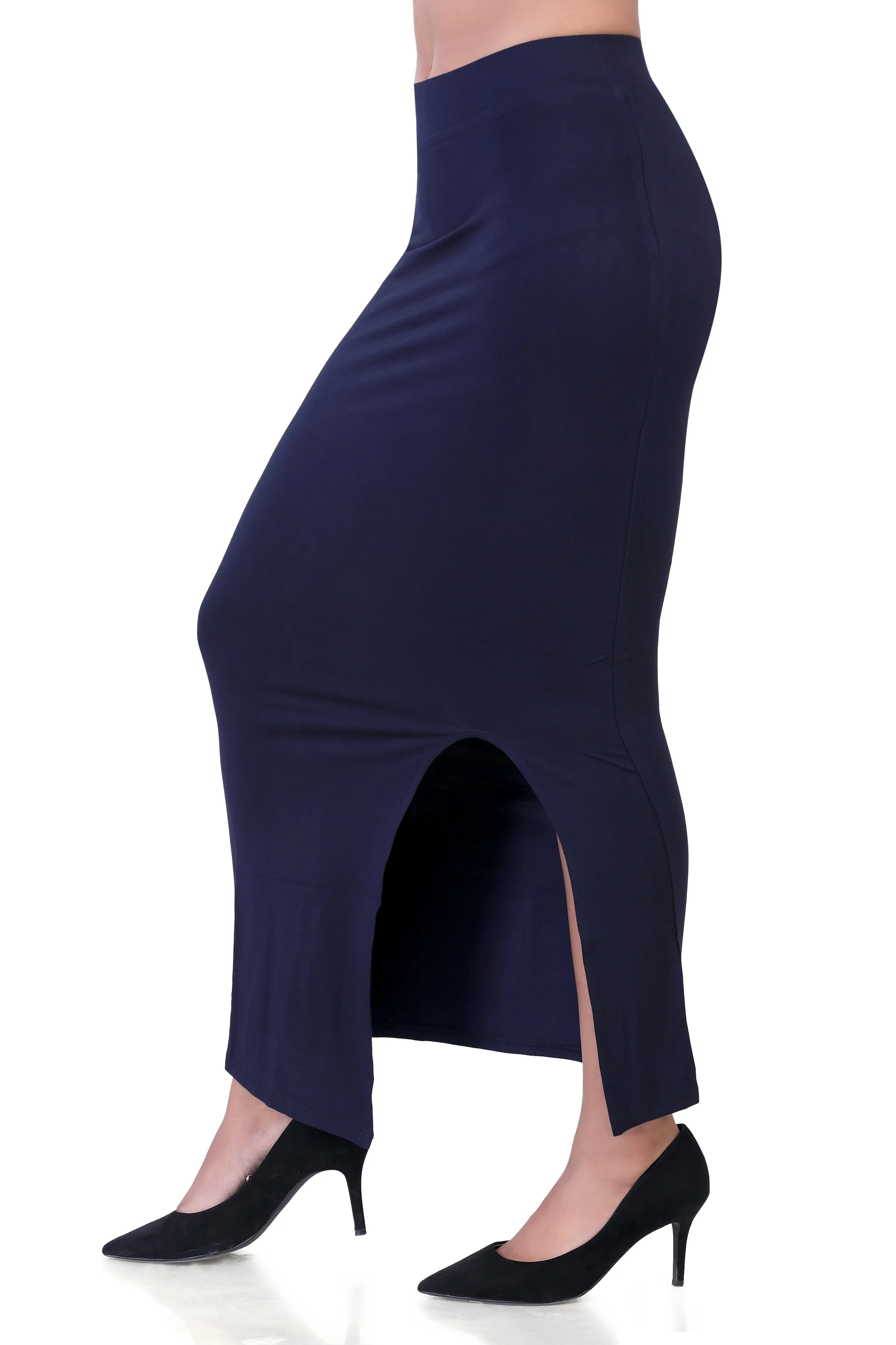 WOMEN'S SOLID MID-CALF PENCIL SKIRT WITH SIDE SLIT