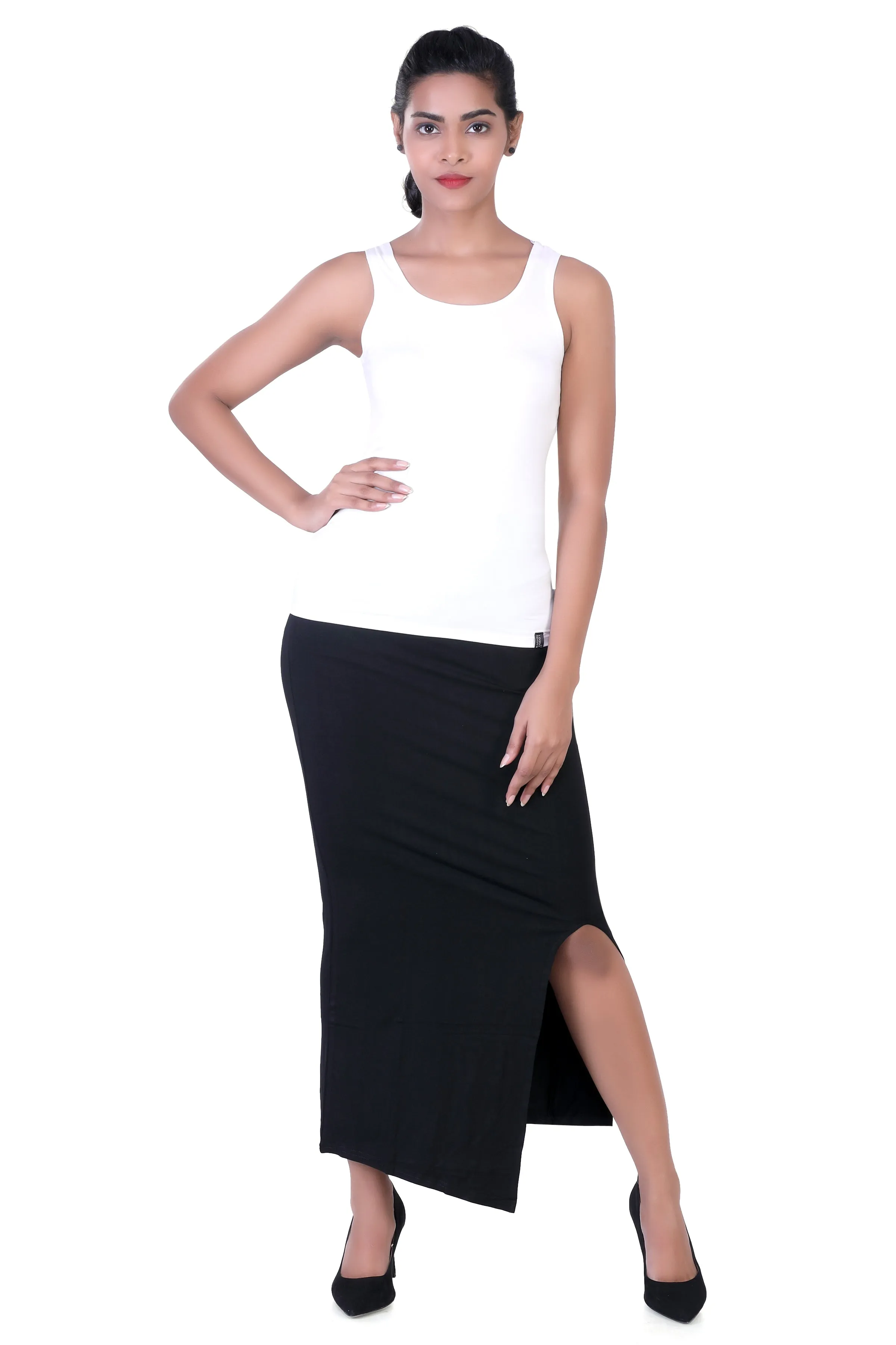 WOMEN'S SOLID MID-CALF PENCIL SKIRT WITH SIDE SLIT