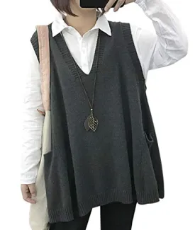 YESNO Women Loose Swing Chunky Cotton Sweater Vests Oversized Knit Pullovers Tops with Cute Drop Pockets L WM9 Gray